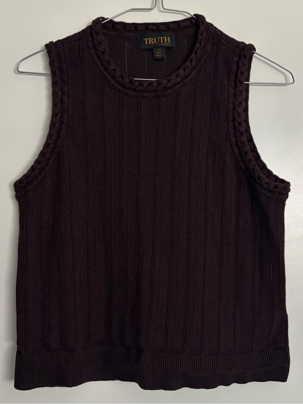 Truth Sleeveless Cable Knit Sweater Tank Brown Size Large Work Casual Fall